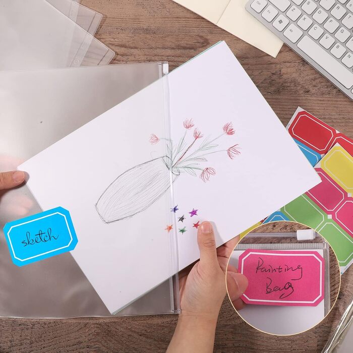 Папок для документів формату А4, прозорі кишені для папок з 11 отворами, пластикові папки на блискавці, пакети з відривними листами та 20 наліпками для документів, косметики, ювелірних виробів та органайзерів., 20