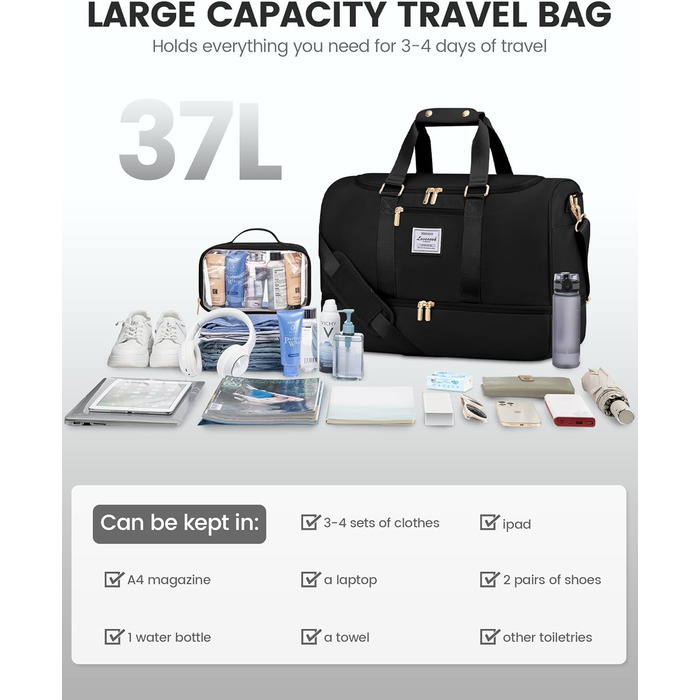 Жіноча спортивна сумка LOVEVOOK, дорожня сумка для вихідних з косметички, відділенням для взуття та вологим відділенням, водонепроникна спортивна сумка, сумка для занять спортом, подорожей, літака, чорна M A-black