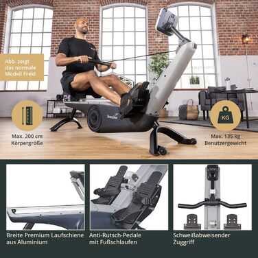 Домашній гребний тренажер Skandika Freki, 24 рівні опору, 19 програм тренувань, маховик 12 кг, магнітний опір, студійна якість, РК-дисплей, Kinomap, окремостоячий, низьке обслуговування, до 135 кг, синій/сірий плюс