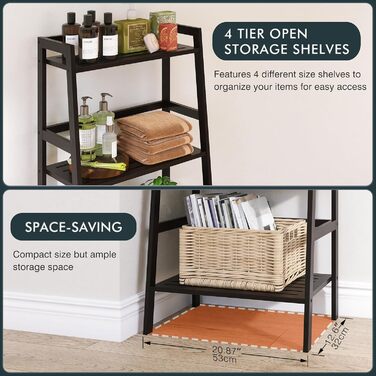 Чорна полиця-драбина HITNET, бамбукова книжкова полиця з 4 ярусами, окремостояча підставка для рослин, що економить місце, для спальні, ванної кімнати, балкона