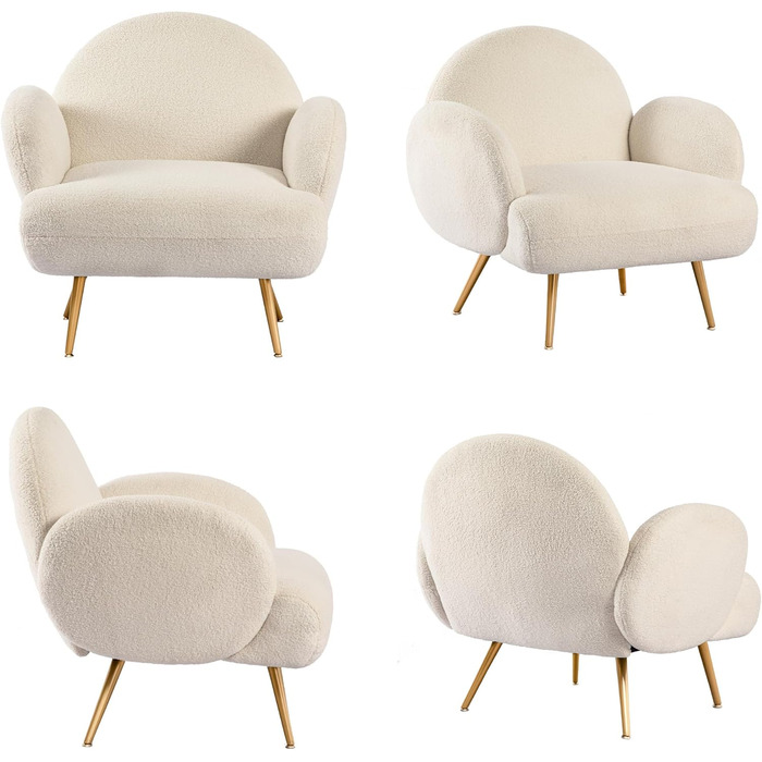 Сучасне крісло для відпочинку, одномісний диван, диван для відпочинку, затишна плюшева тканина, золотисті металеві ніжки, підходить для вітальні, спальні, білий, біло-золоті підлокітники