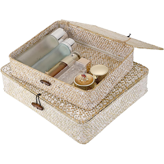 Кошик SUMNACON з ротанга, 2 шт., виготовлений з натуральної морської трави, з кришкою, коробка для зберігання ручної роботи, кошики для зберігання, кошик-органайзер для кухні, ванної кімнати, спальні, великий малий (прямокутний, білий)