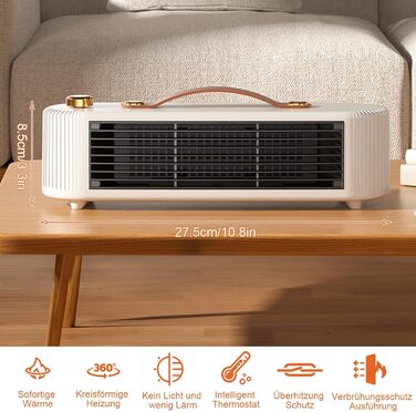 Енергозберігаючий міні-вентиляторний обігрівач потужністю 800 Вт, портативний керамічний вентиляторний обігрівач з термостатом для кемпінгу та ванних кімнат, захист від перегріву та перекидання, тихий (білий)