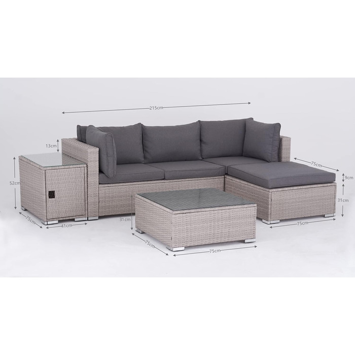 Насолоджуйтесь набором для відпочинку Fit Rattan Poly Rattan Lounge Меблі з 3-місного дивана, табуретки, столу з місцем для зберігання та столом для зберігання зі скляною стільницею