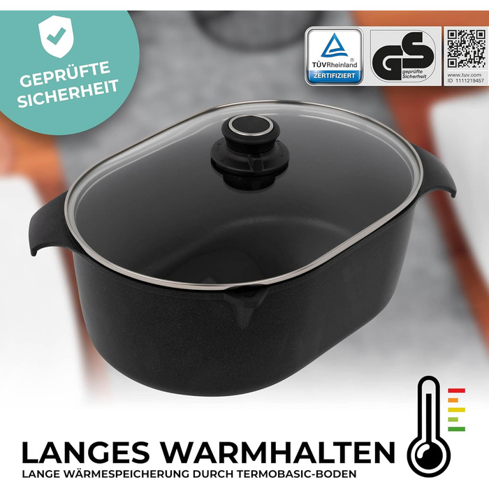 Сковорода MaxxGoods 33 x 22 см з литого алюмінію зі скляною кришкою Сковорода для всіх типів варильних поверхонь, включаючи індукц