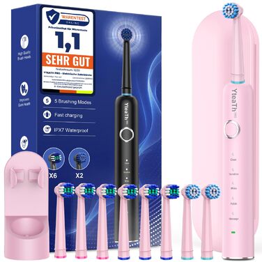 Обертова електрична зубна щітка для дорослих та дітей з 8 насадками, електрична зубна щітка з настінним тримачем та зарядною станцією, 5 режимів чищення та дорожній футляр, 60 днів роботи від акумулятора (Рожева)