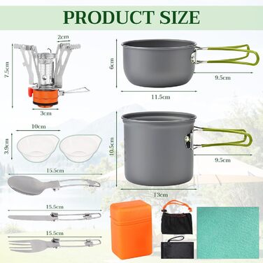 Набір посуду Herbst для кемпінгу, 11 предметів міні-плита, складаний газовий пальник, каструля та складальні столові прибори, серветки для чищення для пікніків та походів на природі