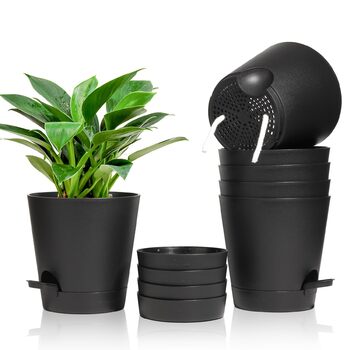 Пластиковий квітковий горщик T4U 16,5 см з системою поливу, набір із 6 самополивних кашпо з блюдцями, круглі кашпо для кімнатних та балконних садових рослин, сукулентів, кактусів, чорний 16,5 см чорний