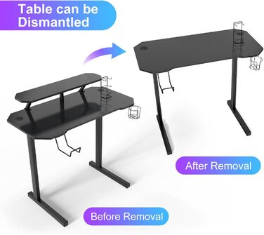 Ігровий стіл з підставкою для монітора, Т-подібний стіл, чорний, ергономічний комп&39ютерний стіл, покриття з вуглецевого волокна, ігровий ПК, тримач для напоїв, підставка для геймпада, тримач для навушників, 100x54x74 см