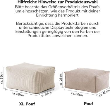 Пуф або табурет мокебо з вельветовим чохлом The Calm One, табурет або пуф для сидіння з наповнювачем з EPS-бісеру, також як пуф для ніг з вельвету або журнальний столик для вітальні розміром 65x55x35 см (Ш/Г/В) бежевого кольору, квадратний, вельветова тка