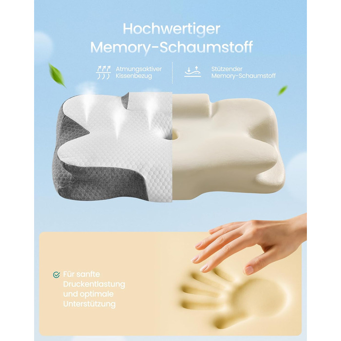 Подушка SONGMICS, ергономічна подушка, подушка для шиї, регульована по висоті, подушка для сну, подушка з піни з ефектом пам&39яті, для сну на боці, спині та животі, хмарно-білий-голубино-сірий TBP051GZ02