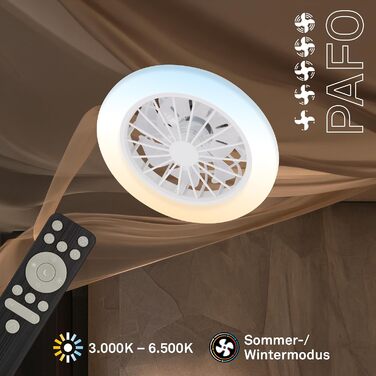 Стельовий LED-вентилятор BRILONER з освітленням та пультом керування, тихий DC-мотор, 5 швидкостей, регулювання температури світла (CCT) та яскравості, 38 см, білий