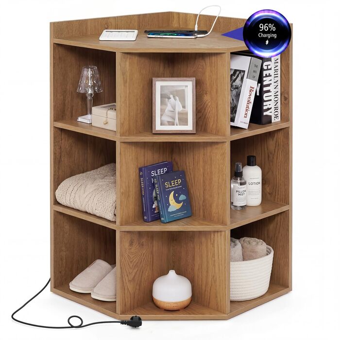 Кутова книжкова полиця COSTWAY із 3-рівневою зарядною станцією, кутова полиця з 9 відділеннями, 2 USB-портами та 4 розетками, полиця для зберігання речей для спальні, вітальні (натуральний колір)