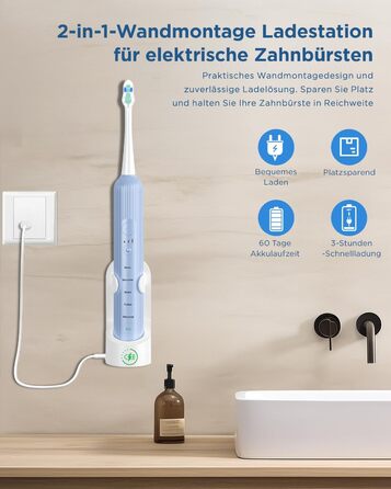 Електрична зубна щітка, звукова зубна щітка для дорослих та дітей, з 5 режимами чищення, 3 рівнями інтенсивності, вбудованим таймером та 8 насадками, дорожній футляр, світло-блакитний, (в упаковці)