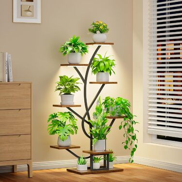 Підставка для рослин з лампою для вирощування - 8-ярусна підставка для квітів 126 см, полиця для рослин з металу та дерева - Квіткові драбини для приміщень та вулиці - Декоративна чорна квіткова підставка для балкону в приміщенні