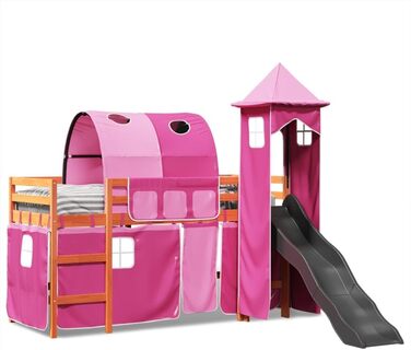 Ліжка та аксесуари, Ліжка та каркаси ліжок, Дитяче ліжко-горище з вежею, рожеве, 90 х 200 см, масив дерева, сосна