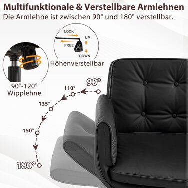 Ергономічне офісне крісло з 5-позиційними регульованими підлокітниками, робоче крісло з широкою подушкою сидіння, сидіння зі штучної шкіри зі схрещеними ніжками та функцією нахилу, обертове крісло з регулюванням висоти, чорне