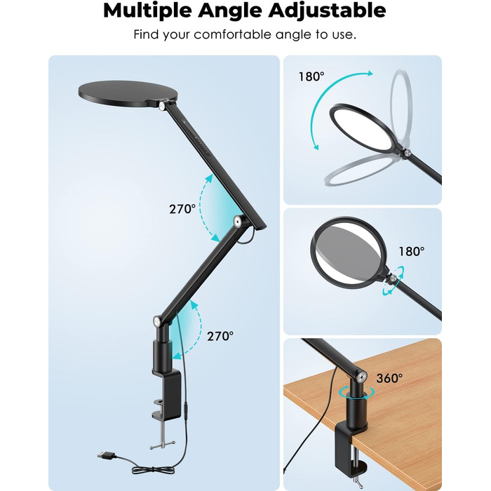 Дюймова світлодіодна настільна лампа з затискачем, поворотний кронштейн, безпечне для очей світло, регулювання яскравості 3 колірні режими та 5 рівнів яскравості, регулювання висоти та кута, алюміній, функція зарядки USB для дому, офісу, читання, 7-