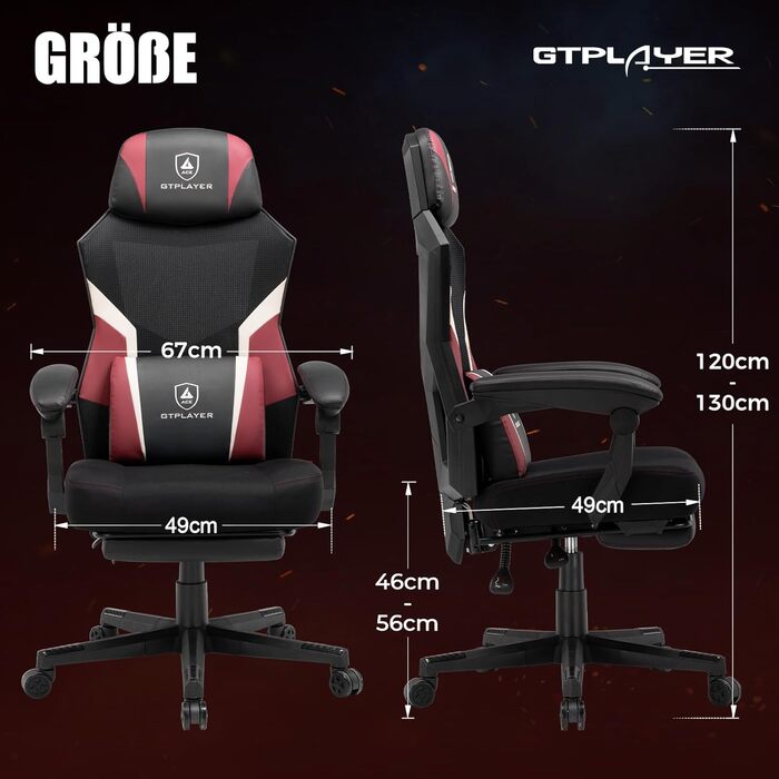 Ігрове крісло GTPLAYER з підставкою для ніг, ергономічне офісне крісло з сітчастою спинкою, тканинне ігрове крісло для дому та офісу, червоне, велике