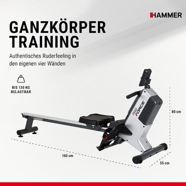 Гребний тренажер HAMMER Pro Force - компактний, легкий та високоефективний кардіотренажер з 20 програмами тренувань та тримачем для планшета, вага користувача до 120 кг