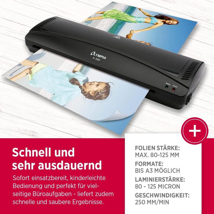 Ламінатор Olympia A 330 Гаряче та холодне ламінування Ламінатор до A3 Захист від бульбашок Ламінатор Ідеально підходить для офісу, школи та домашнього офісу Ламінатор з пакетами для ламінування (один)
