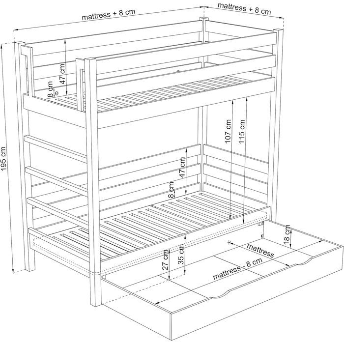 Двох'ярусне ліжко з висувною шухлядою 120x200 см, дитяче ліжко для 2 дітей, 2 сторони збірки драбини ліва або права, закруглені кр