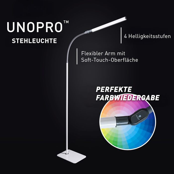 Світлодіодна підлогова лампа Daylight UnoPro 6000K, 1145 Люкс, 4 рівні яскравості, гнучка ніжка, захисний екран від відблисків, енергоефективна лампа для вітальні, шиття та рукоділля, біла