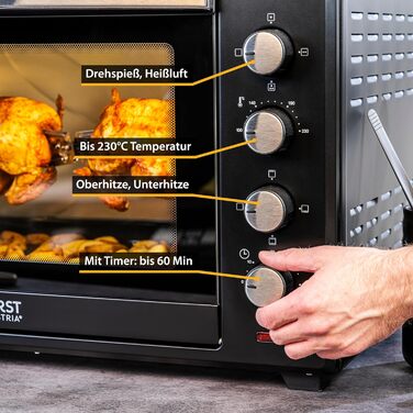 Міні-піч TZS First Austria, 2000 Вт, 60 л, з внутрішнім освітленням, функцією конвекції, гриль для 2 курей, міні-піч для піци, знімний піддон для крихт 60 л Аналогічні