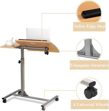 Приліжковий столик GIANTEX з колесами, регульований по висоті та нахилу стіл для догляду, стіл для ноутбука на колесах/столик для ноутбуків з 2 упорами, приліжковий столик для ліжок для догляду, з підставкою для миші, 64 x 45 x 71-93 см (натуральний)