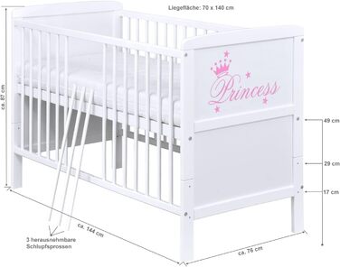 Дитяче ліжко Generic Baby Deluxe 70x140, що трансформується в дитяче ліжко білого кольору 140x70 з матрацом з алое вера та бортиками для прорізування зубів (Princess)