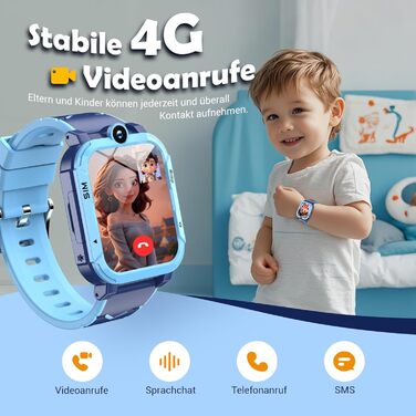 Розумний годинник Blackview Kids, слот для SIM-картки, LBSWiFiGPS-трекер, функція 4G, екстрений виклик SOS, телефонні дзвінки, відеодзвінки, голосовий чат, SMS, шкільний режим, дитячий годинник для хлопчиків та дівчаток, 4G - Прусський синій
