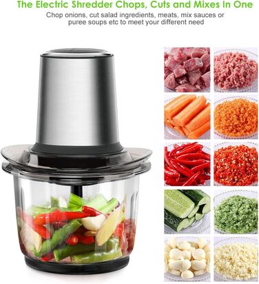 Електричний подрібнювач Multi-Chopper універсальний з чашею з нержавіючої сталі 1,5 л, 2 рівні швидкості Функція гальмування для м'яса, фруктів, овочів та дитячого харчування, срібло