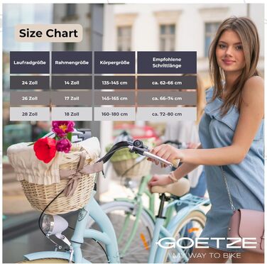 Дитячий велосипед Goetze Mood 26 дюймів, 17-дюймова алюмінієва рама з кріпленням, 6-швидкісний перемикач швидкостей, подвійні V-подібні гальма, світлодіодне освітлення, кошик з ротанга, комфортне сідло, з бічною підставкою та дзвінком, світло-блакитний