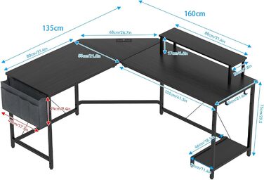 Ігровий стіл 160x135 см, комп&39ютерний стіл, письмовий стіл з підставкою для монітора, 2 розетки та 2 порти USB для зарядки, кутовий стіл, L-подібний ігровий стіл, великий кутовий стіл для ПК 160 x 135 x 75 см