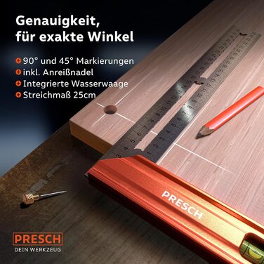 Кут зупинки Presch 250 мм - Висока точність і нержавіюча сталь - Інноваційний ударний датчик 25 см - Точний кут столяра, включаючи спиртовий рівень і шпильку для максимальної універсальності - Ідеальний 90 і 45