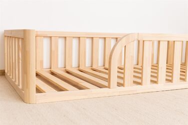 Ліжко Монтессорі, підлогове ліжко з рейковою основою, ліжко з захисними поручнями, дитяче ліжко, дерев&39яне ліжко з каркасом для хлопчиків та дівчаток, 200x120 см, натуральне дерево 200x120 см натуральне дерево - отвір для ліжка ліворуч