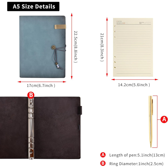 Шкіряний блокнот-щоденник Wonderpool з кільцями папка-кільце для запису, спіральний папір для ділових блокнотів, вінтажна обкладинка для офісного планування, туристичного органайзера (блакитний, A5)