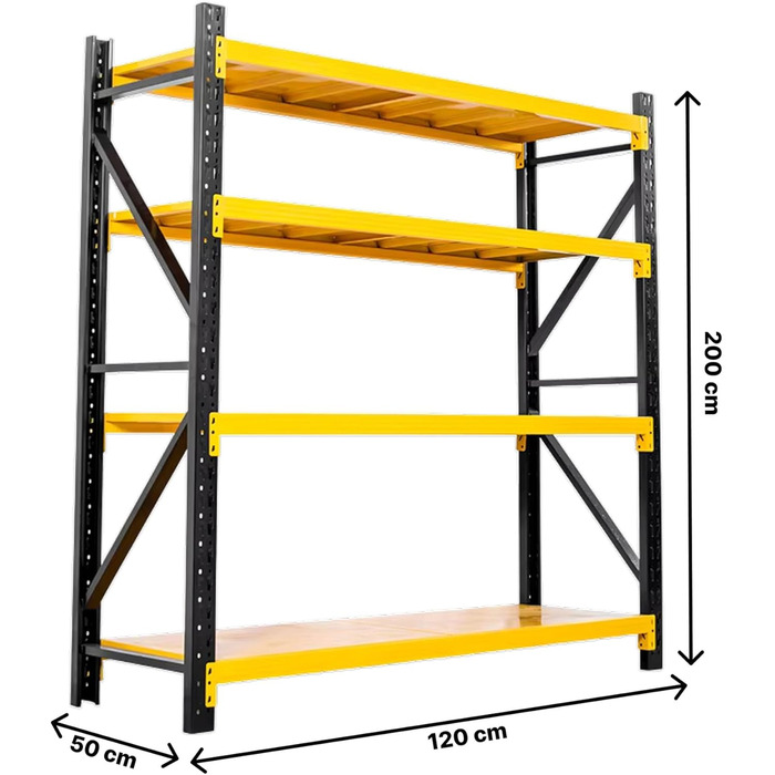 Міцний стелаж 200x120x50 см, навантаження на полицю 100 кг на рівень та загальна вантажопідйомність 400 кг, гаражні стелажі, підвальні стелажі, стелажі для зберігання, широкопролітний стелаж глибиною 50 см