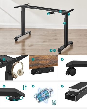 Електрична настільна підставка SONGMICS з регулюванням висоти, подвійний двигун, з гачками, безступінчасте регулювання, функція пам&39яті, сталь, чорний колір LSD019B01