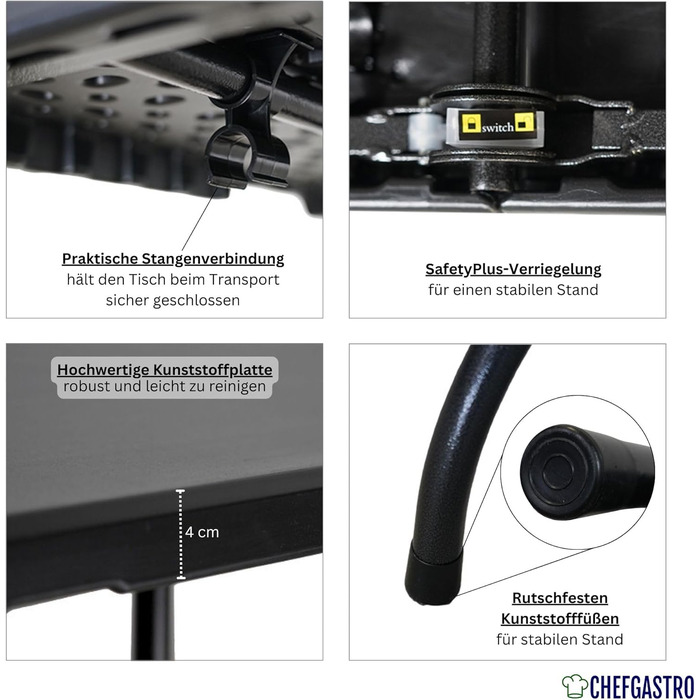 Складаний фуршетний стіл 180x75 см, водонепроникний садовий стіл з ручкою для перенесення, 8 осіб, пластиковий чорний, складаний стіл, портативний кемпінговий стіл на відкритому повітрі для саду, тераси, балкону, вечірки, фуршетний стіл, гладкий чорний