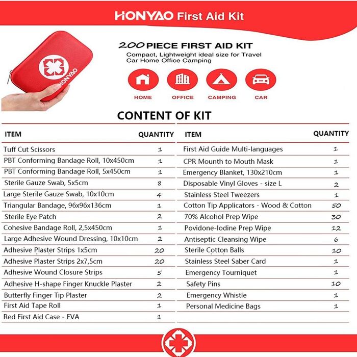 Аптечка першої допомоги, 200-штучний медичний компактний комплект для виживання з легкою жорсткою коробкою для автомобіля мотоцикл