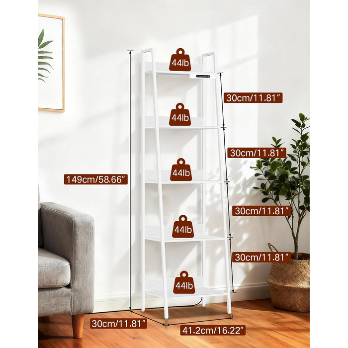 Ярусна вузька полиця-драбина зі світлодіодним підсвічуванням, сенсорним керуванням та дистанційним керуванням, 3 колірні температури, висока окремостояча полиця з регульованою яскравістю, виготовлена з металу та дерева для вітальні, спальні, офісу, біла, 