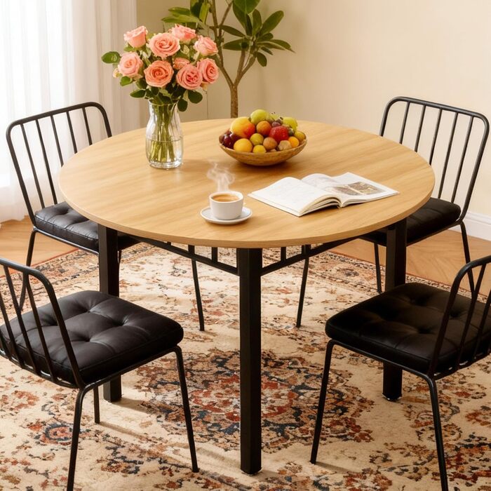 Круглий обідній стіл Mingone для 4 осіб, круглий обідній стіл 100 см, кухонний стіл з дерев&39яною стільницею, круглий стіл під дуб з металевими ніжками для вітальні, балкону, їдальні