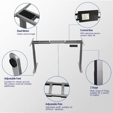 Каркас столу AIMEZO з регулюванням висоти та 2 двигунами, електричне регулювання висоти каркасу столу, захист від зіткнень та функція пам&39яті, сірий