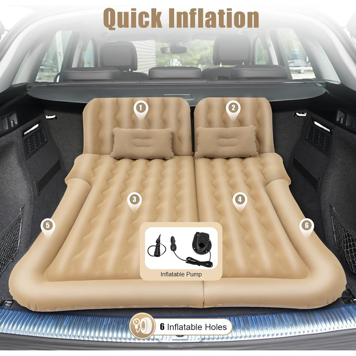 Надувний матрац для автомобіля, позашляховик, надувне ліжко, надувне ліжко для кемпінгу, комбіноване портативне ліжко, знімний надувний матрац для подорожей, кемпінгу, активного відпочинку на свіжому повітрі, з 2 подушками та надувним насосом (бежевий)