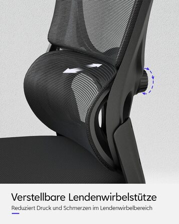 Ергономічне офісне крісло TUKAILAi, крісло керівника з поперековою опорою та підголівником, регульоване, підлокітники, що складаються на 90, висока спинка, сітчасте поворотне крісло для роботи вдома (чорне)