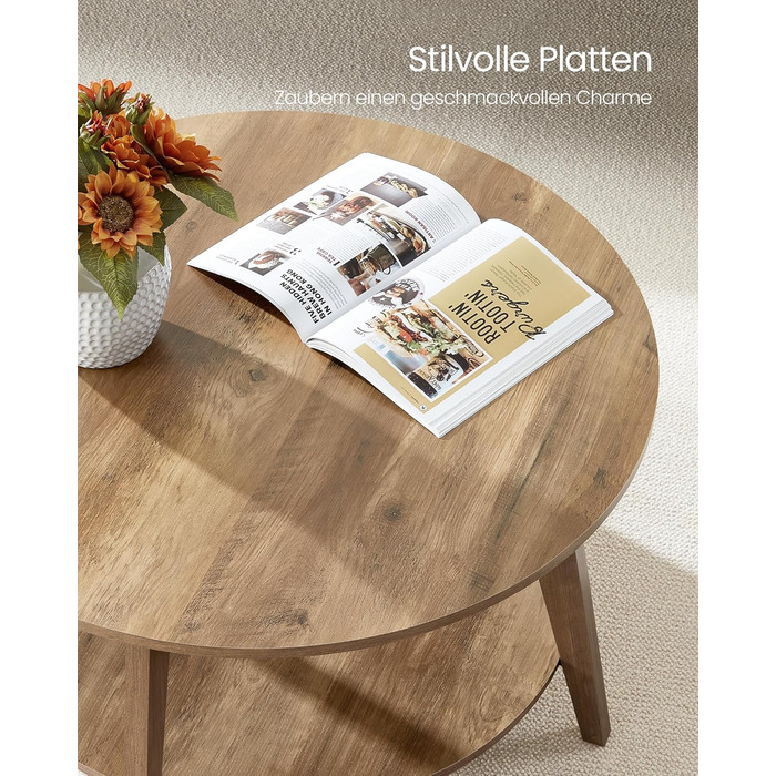 Круглий журнальний столик VASAGLE, 2-ярусний стіл для вітальні, діаметр 80 см, висота 45 см, легке складання, медово-коричневий LCT243K41