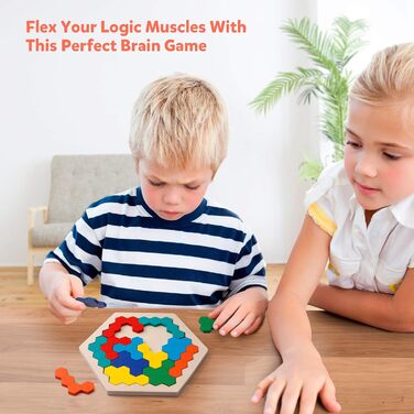 Coogam Wooden Hexagon Puzzle - Shape Block Tangram Brain Teaser Toy Geometry Logic IQ Game STEM Montessori Education Gift for All