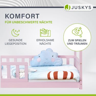 Дитяче ліжко Juskys Marli 80 x 160 см з матрацом, захисними поручнями, рейковою основою та дахом - Ліжко-будиночок з масиву дерева для дітей - Ліжко рожевого кольору