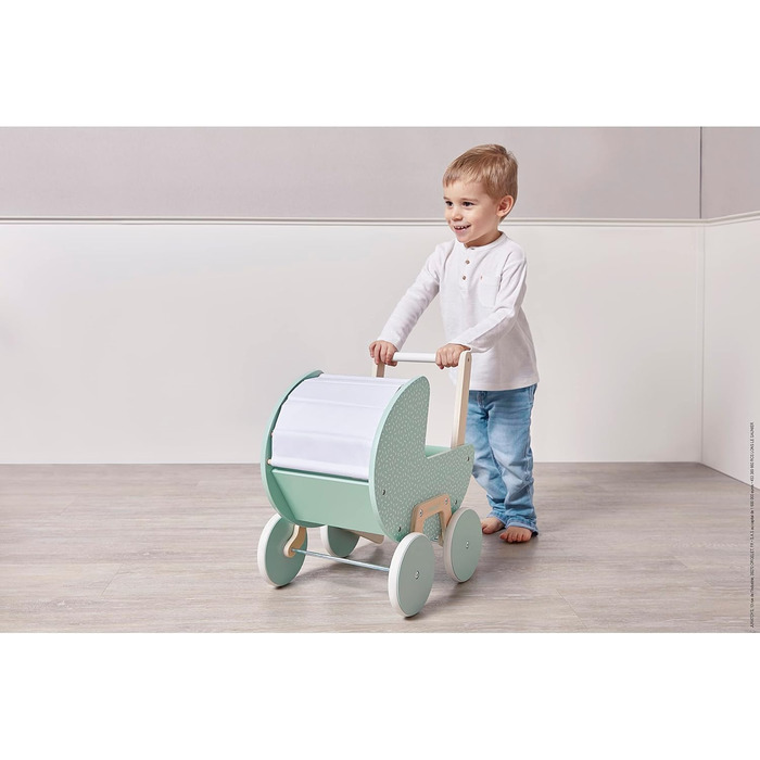 Коляска для ляльок Janod Zen, виготовлена з FSC деревини, рольова коляска для ляльок з подушкою та ковдрою від 18 місяців, J05900,